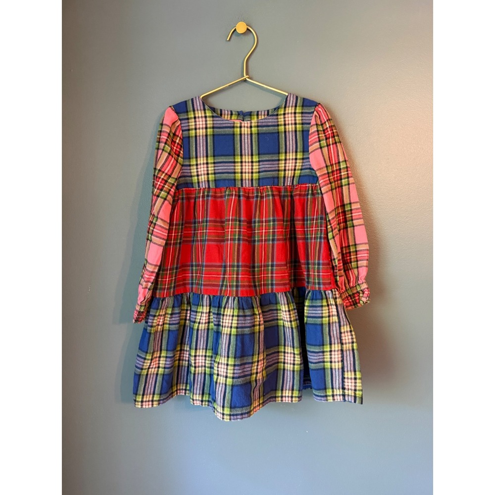Mini Boden Girls Mixed Plaid Patchwork Tiered Flannel Dress Multi Color 5-6Y